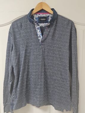 MACEOO Men's Navy Patterned Quarter Button Knit Shirt with Contrast Collar